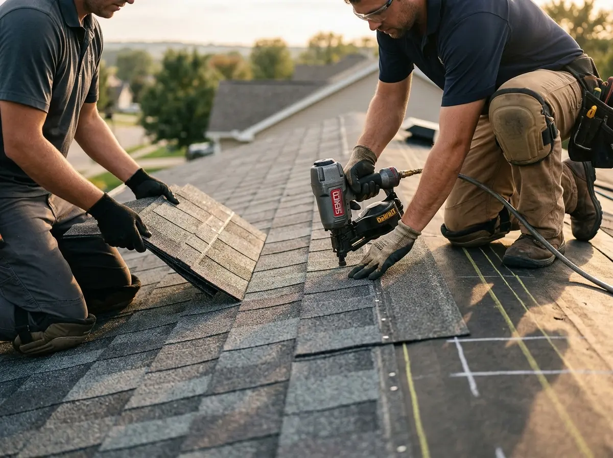 Professional roofer working on a residential roof in Reisterstown